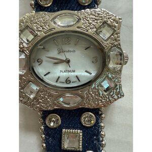 Y2K Denim Rhinestone Cuff Watch Western Bling Geneva Biker Hippie Boho Festival